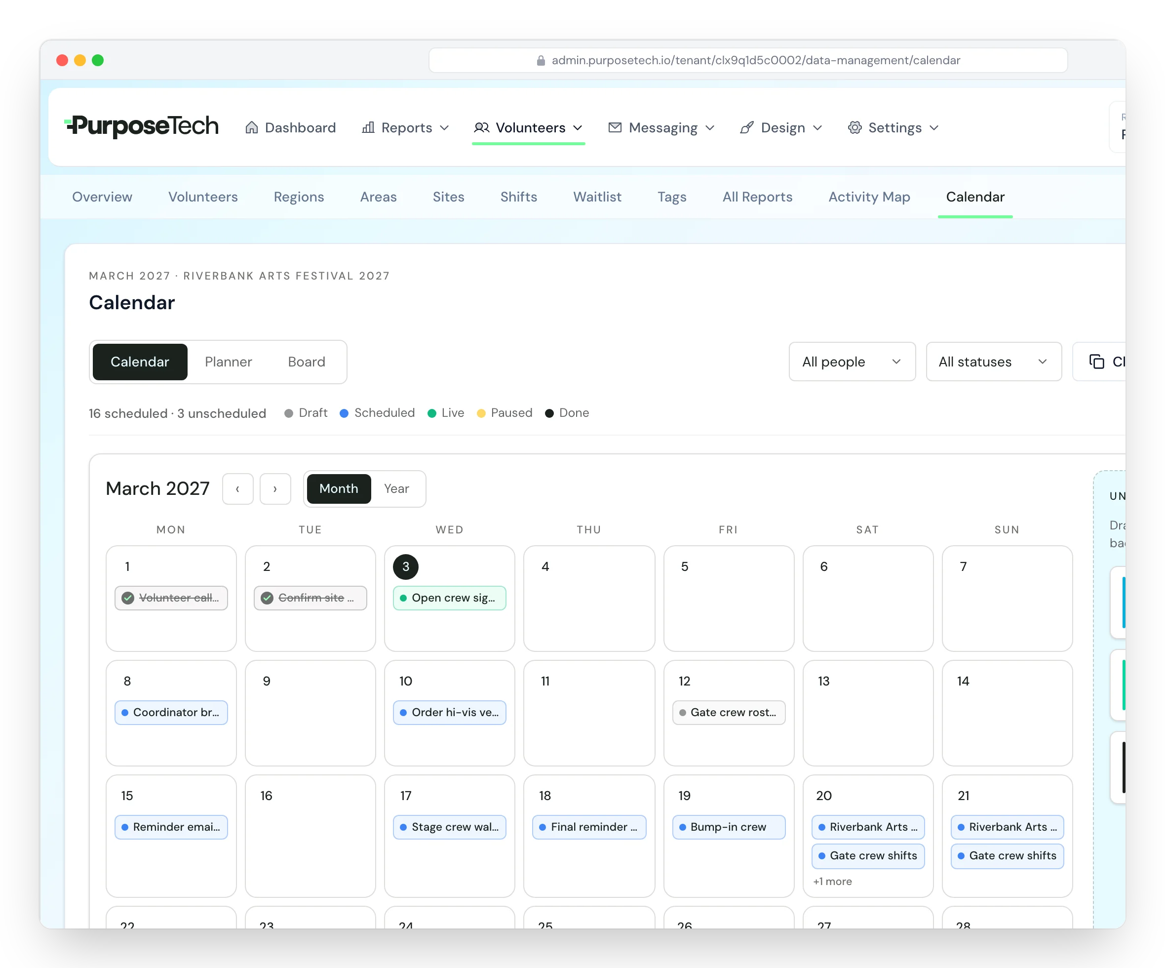 PurposeTech admin calendar showing volunteer shifts across several days