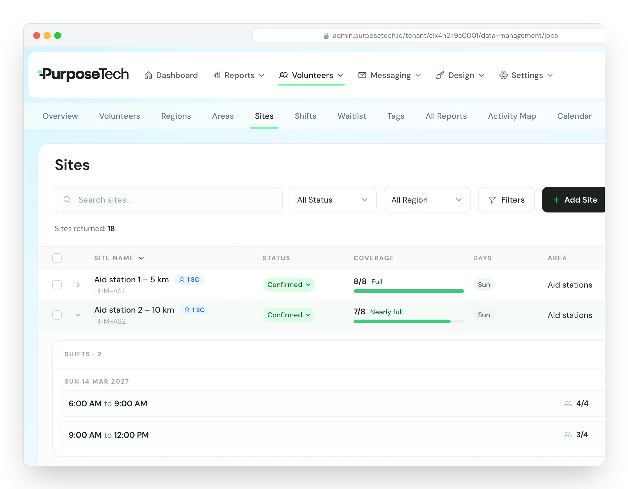 PurposeTech admin view listing regions, areas and sites with how full each site's shifts are