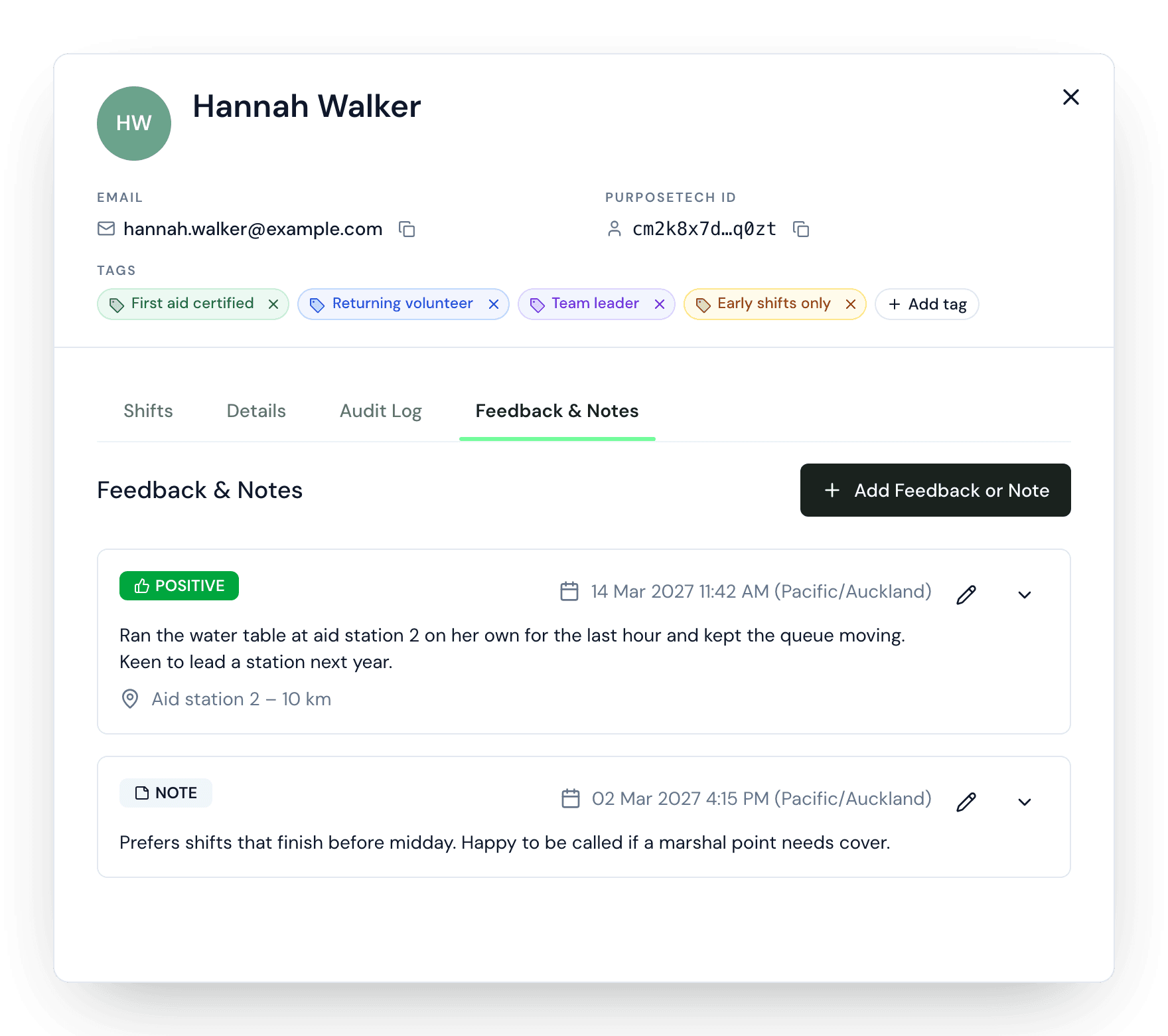 Volunteer profile in the PurposeTech admin with colour-coded tags and private feedback and notes
