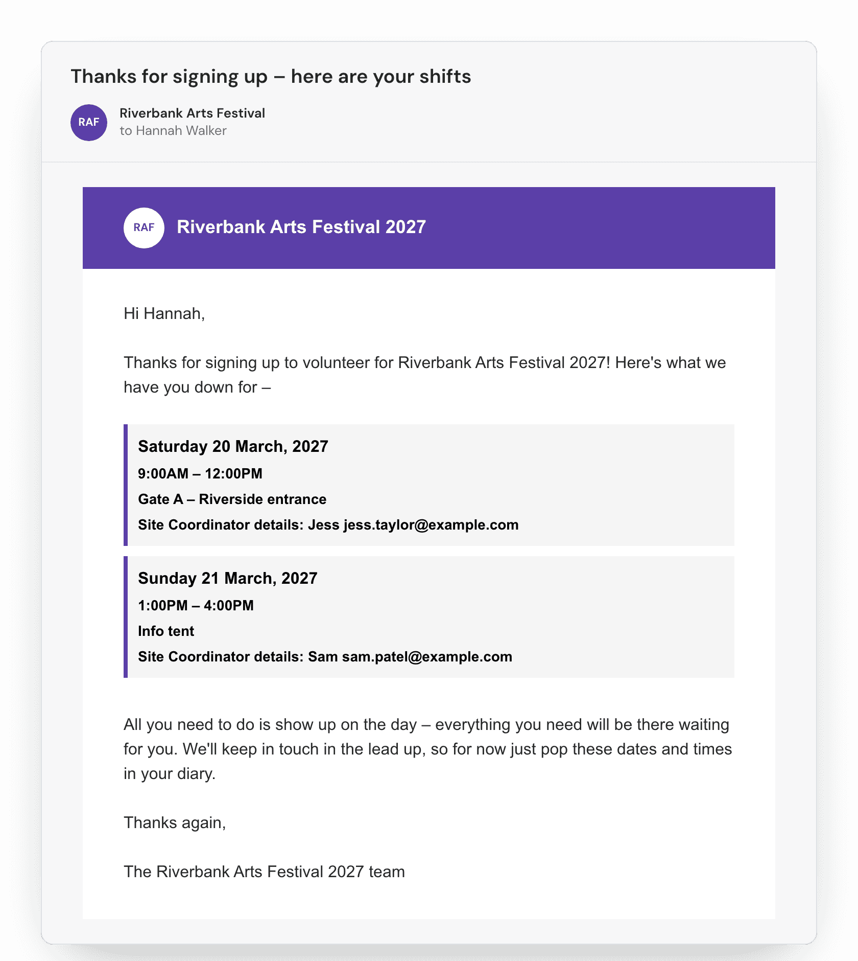 Sign-up confirmation email listing a volunteer's shifts with dates, times, site and site coordinator
