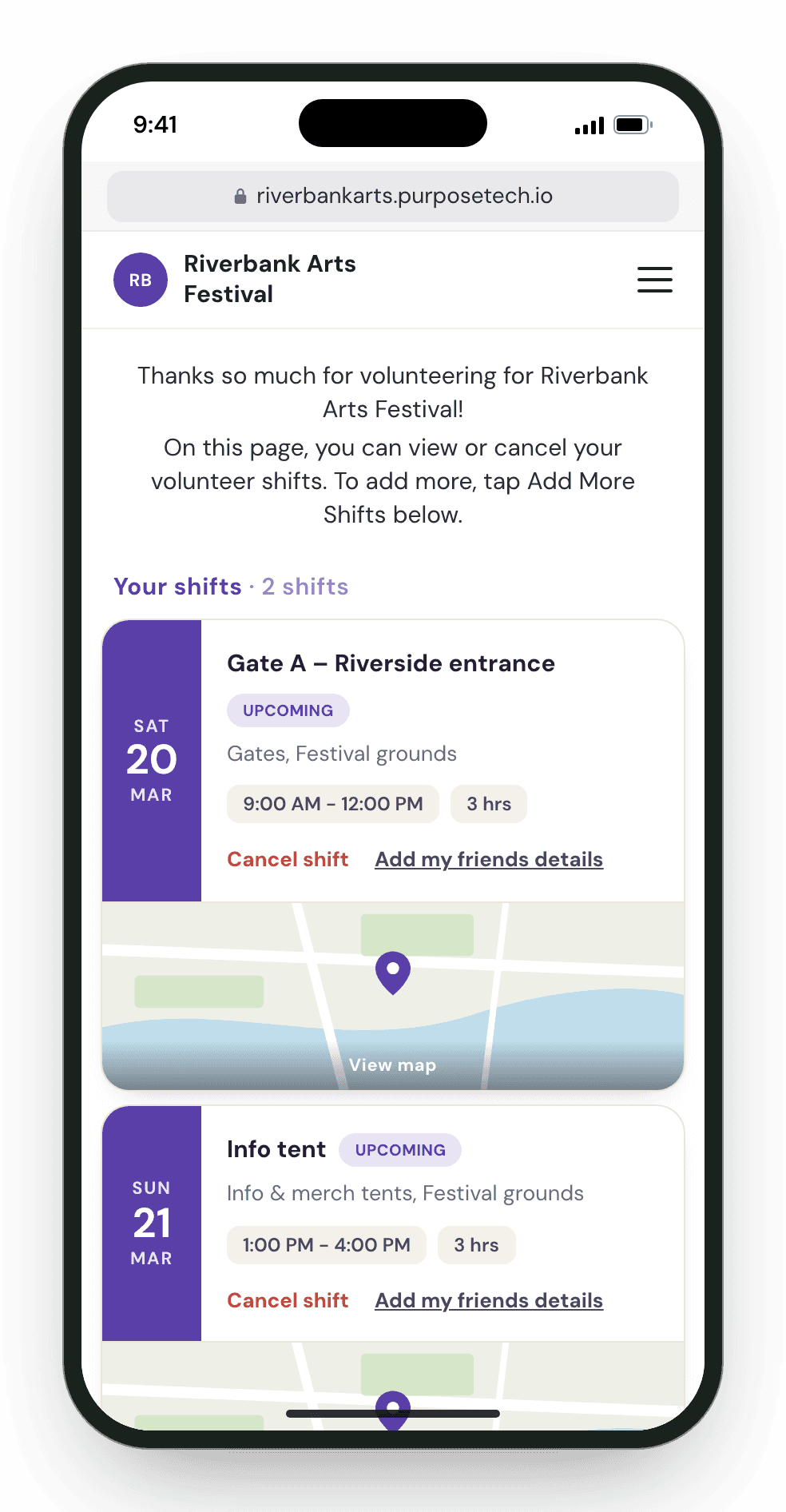 A volunteer's upcoming shifts on their phone, with dates, times, a map and options to cancel or add friends